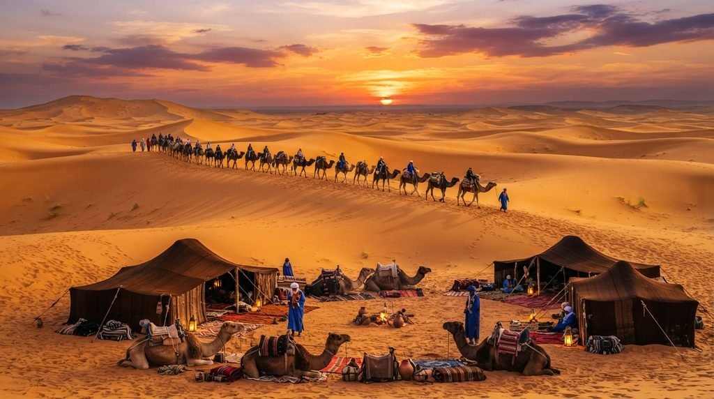 Desert trip from Marrakech - Camel trekking adventure in Sahara Desert Morocco with traditional Berber camp