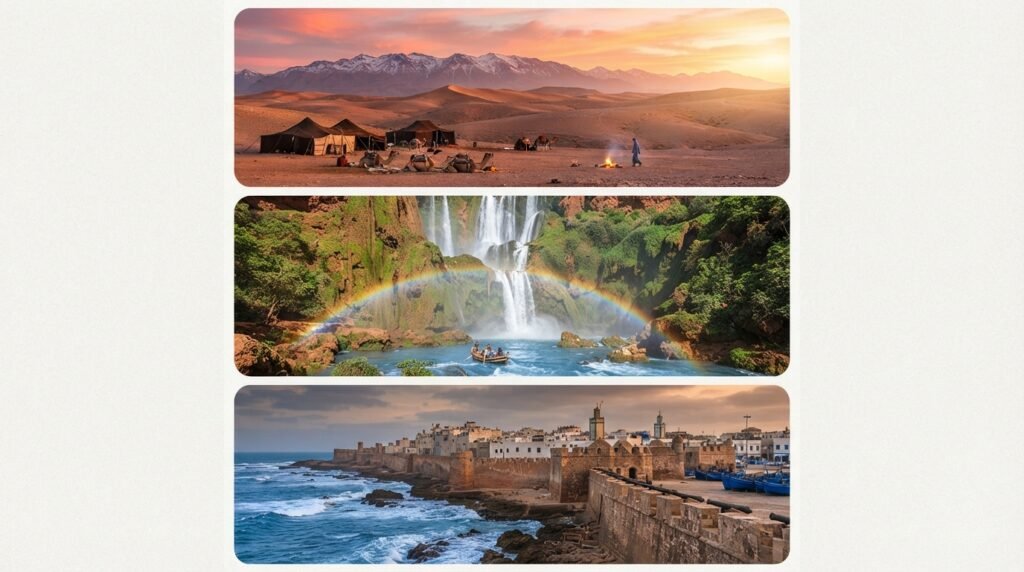 Collage of the best day trip destinations from Marrakech including desert, waterfalls, and coastal scenery