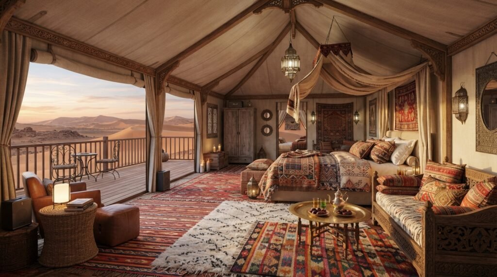 Desert trip from Marrakech luxury accommodation - Premium glamping tent interior Merzouga Sahara