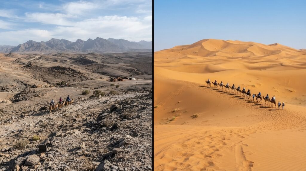 Desert trip from Marrakech options - Comparison of Agafay Desert rocky terrain and Sahara Erg Chebbi sand dunes