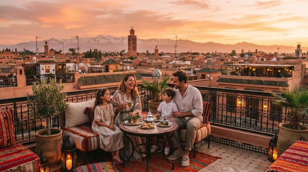 Happy travelers experiencing Moroccan sunset in Marrakech's old medina