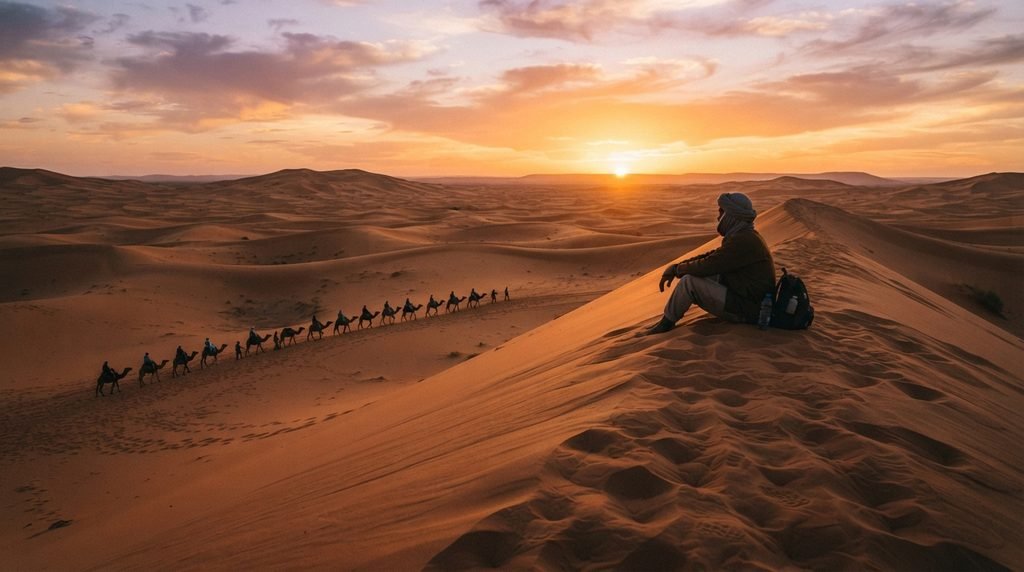 Desert trip from Marrakech ultimate experience - Sunset on Sahara Desert dunes Merzouga Morocco