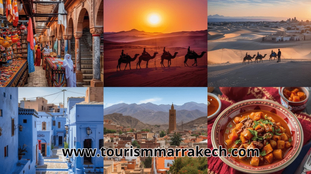 Collage of Morocco highlights including Marrakech medina, camel trekking in the Sahara Desert, blue streets of Chefchaouen, Atlas Mountains, and Moroccan tagine