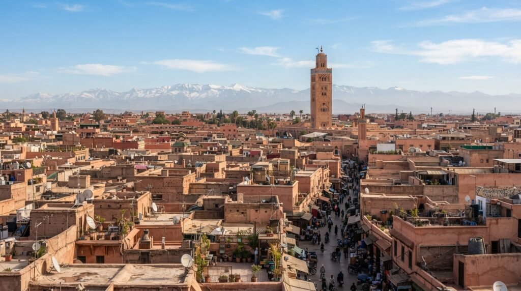 Aerial view of Marrakech medina with distinctive red clay architecture and historic monuments