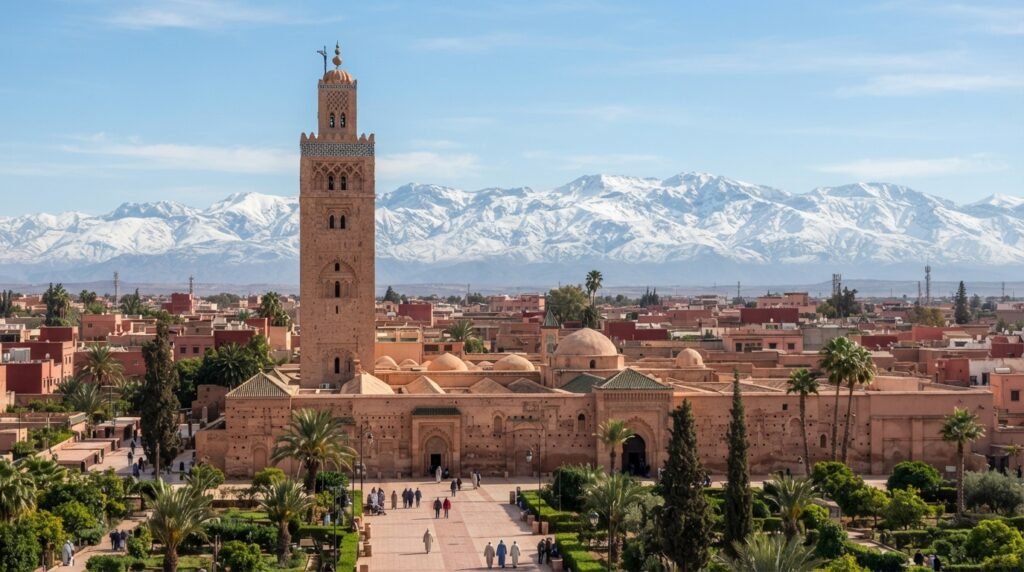 Koutoubia Mosque and Atlas Mountains view showcasing Marrakech's architectural grandeur