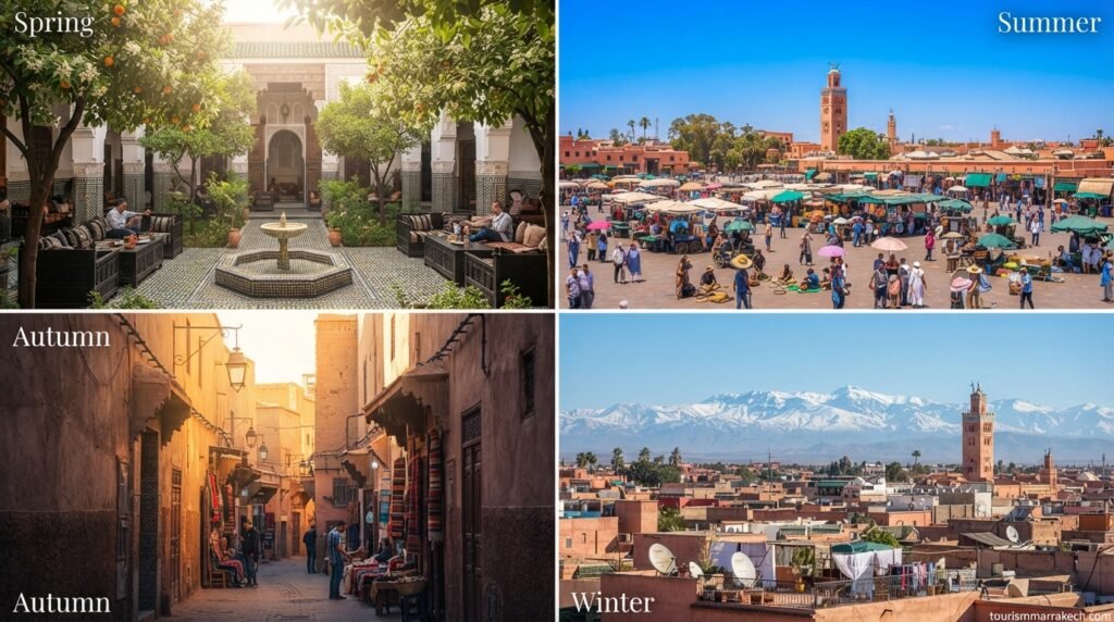 Four seasons in Marrakech — spring riad garden, summer square, autumn medina, winter Atlas Mountains view