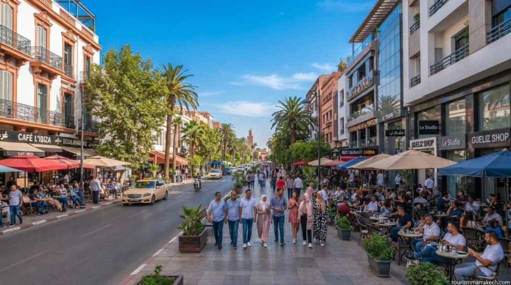 Gueliz modern district in Marrakech with tree-lined boulevard, outdoor cafes, and contemporary architecture