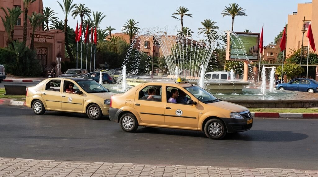 Marrakech petit taxi — small beige cab waiting at a medina gate with a tourist approaching