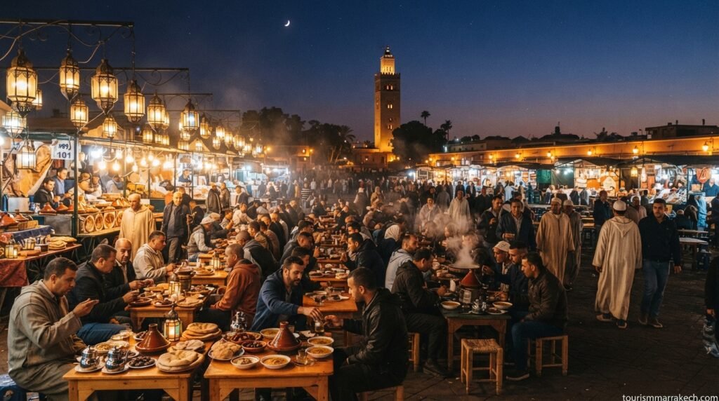 Jemaa el-Fna square in Marrakech during Ramadan at iftar time, with lanterns and food stalls lit at night
