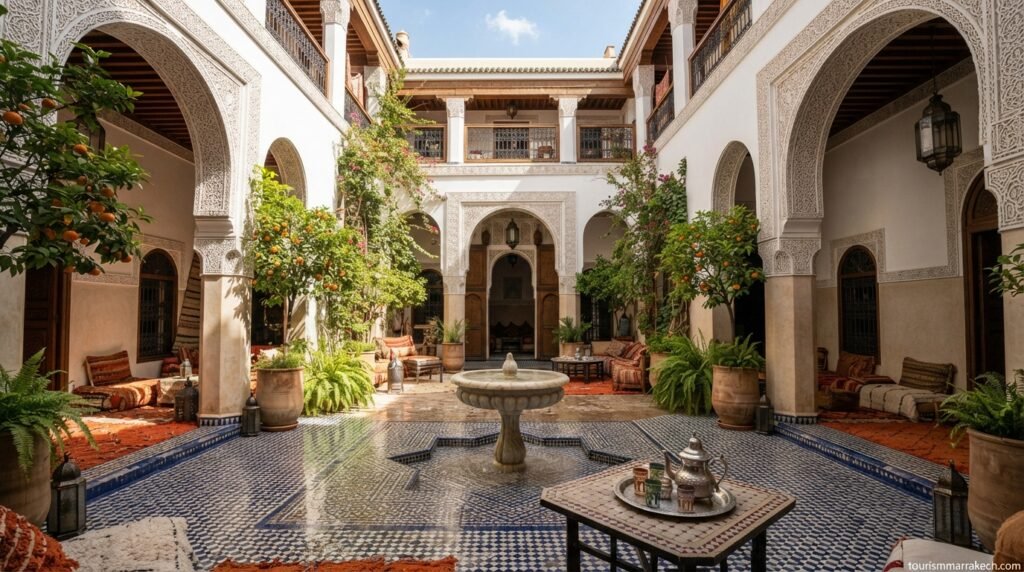 Traditional Moroccan riad courtyard with tiled fountain, orange trees, and carved plasterwork — where to stay in Marrakech