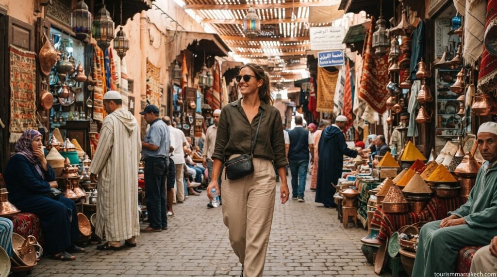 Solo female traveler walking confidently through Marrakech Medina souks with a secure crossbody bag