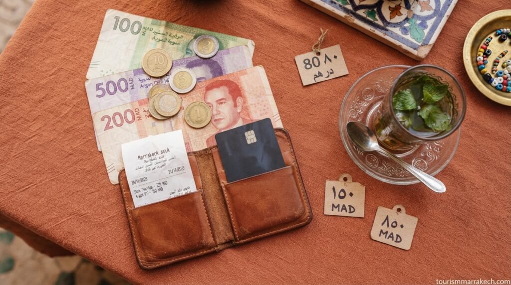 Moroccan Dirham banknotes and coins with a travel wallet and mint tea — money and currency tips for Marrakech
