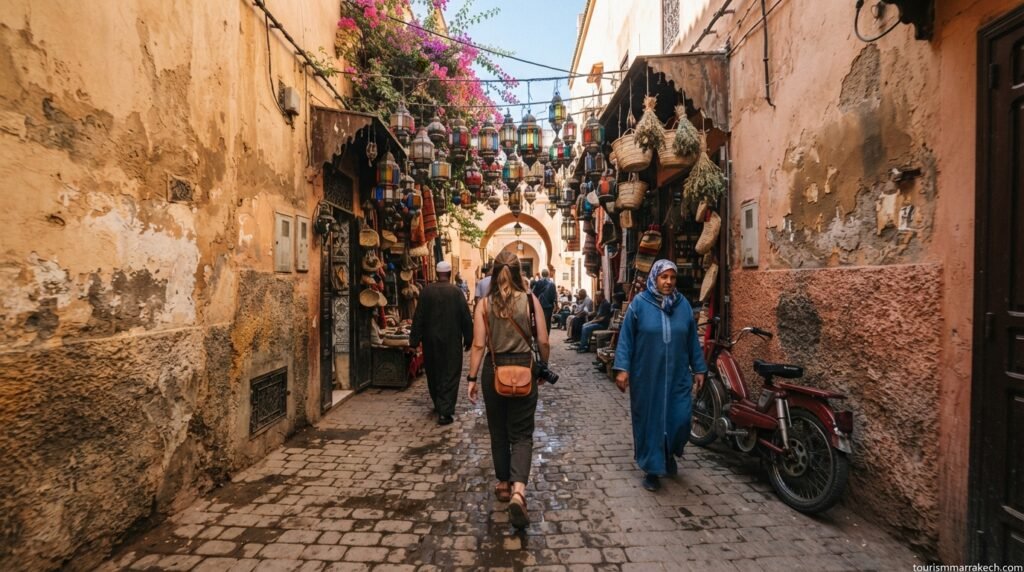 Tourist walking through a narrow Marrakech Medina alleyway with Moroccan lanterns overhead and bougainvillea on the walls