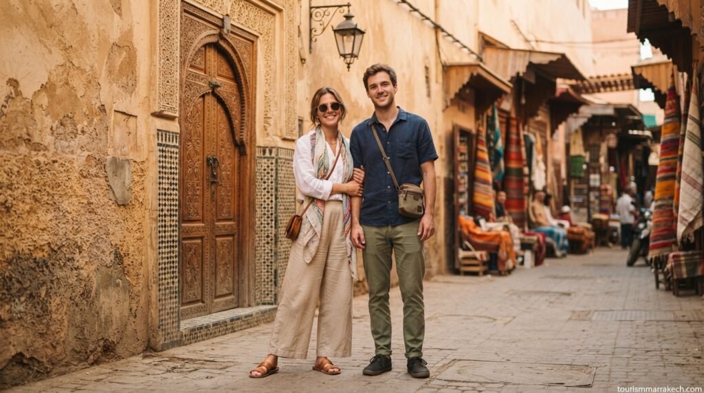 Two tourists dressed appropriately for the Marrakech Medina in lightweight modest clothing in front of a traditional carved door